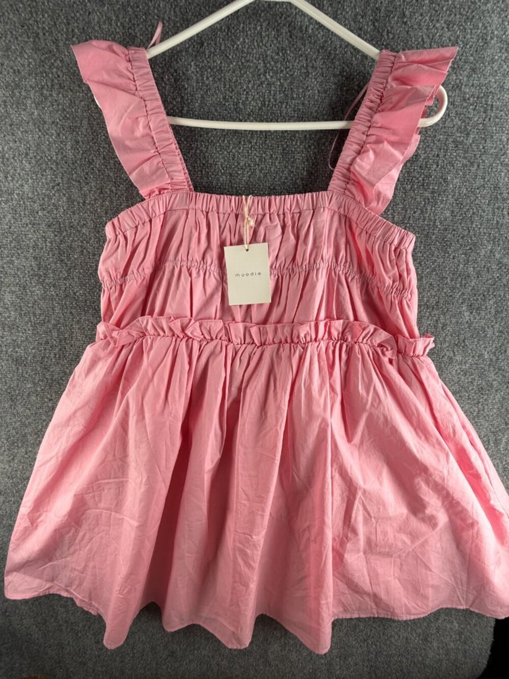 NWT Moodie Pink Ruffled Rachel Swing Dress Small Cute Should Straps Puff Cotton